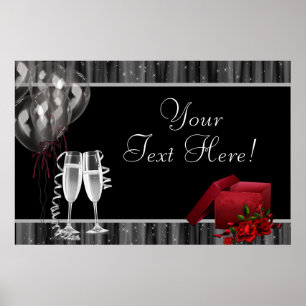 Schwarzes weißes Glitzer Champagne Party Banner Poster