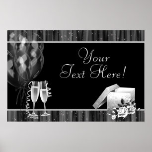 Schwarzes weißes Glitzer Champagner Party-Banner Poster