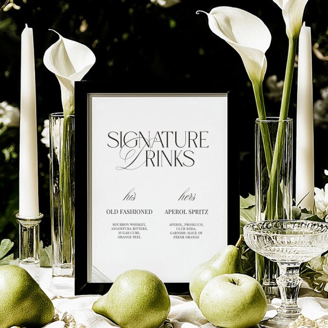 Schwarzes & Weißes Modernes Hochzeits-Signature-Dr (Black & White Modern Wedding Signature Drinks Sign)