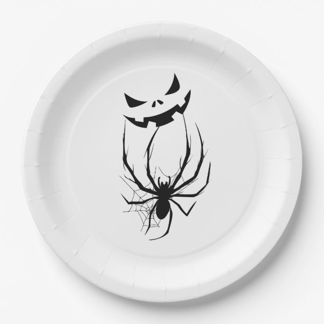 Schwarzes & Weißes Spinnennetz-Horror-Halloween Pappteller (Vorderseite)