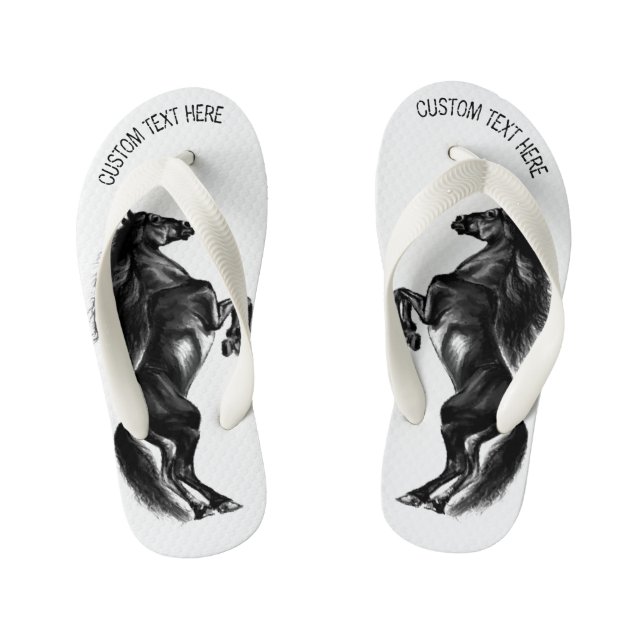 Schwarzes Wild-Pferd - Schwarz-Weiß-Zeichn Kinderbadesandalen (Fußbett)