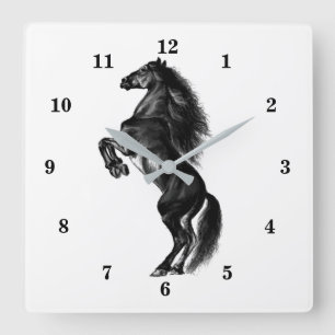 Schwarzes Wild-Pferd - Schwarz-Weiß-Zeichn Quadratische Wanduhr
