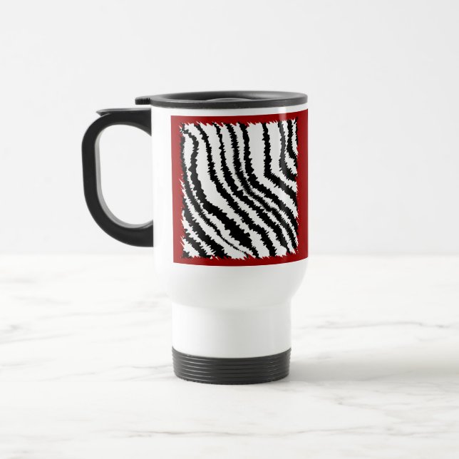 Schwarzes Zebra-Druck-Muster auf tiefrotem. Reisebecher (Links)