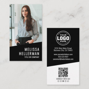 Schwarzes zeitgenössisches Foto-QR-Code-Logo verti Visitenkarte