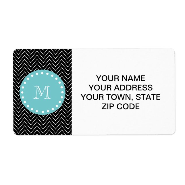 Schwarzes Zickzack Muster | Aquamarin Monogramm (Vorne)