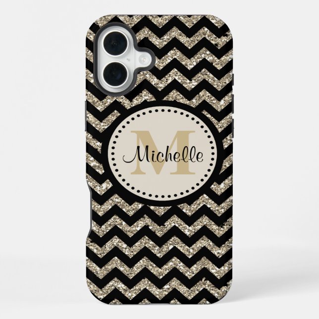 Schwarzes Zickzack Silber-Monogramm iPhone Hülle (Rückseite)