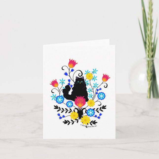 Schwarzflaume Katze mit Blume Karte (Vorderseite)