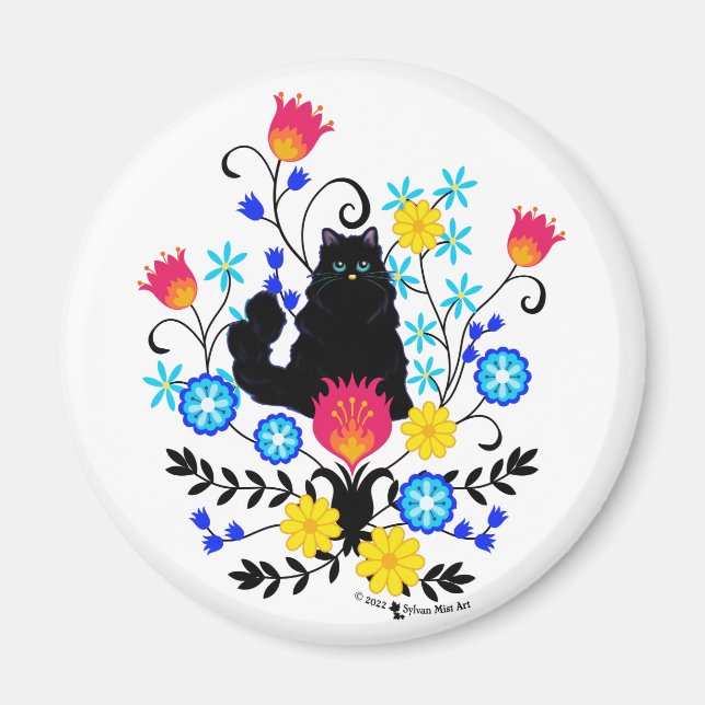 Schwarzflaume Katze mit Blume Magnet (Vorne)