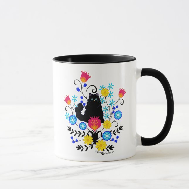Schwarzflaume Katze mit Blume Tasse (Rechts)