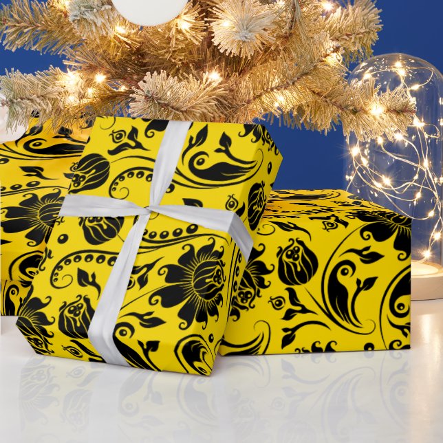 Schwarzflorale Damasken auf Gelb Geschenkpapier (Feiertage)