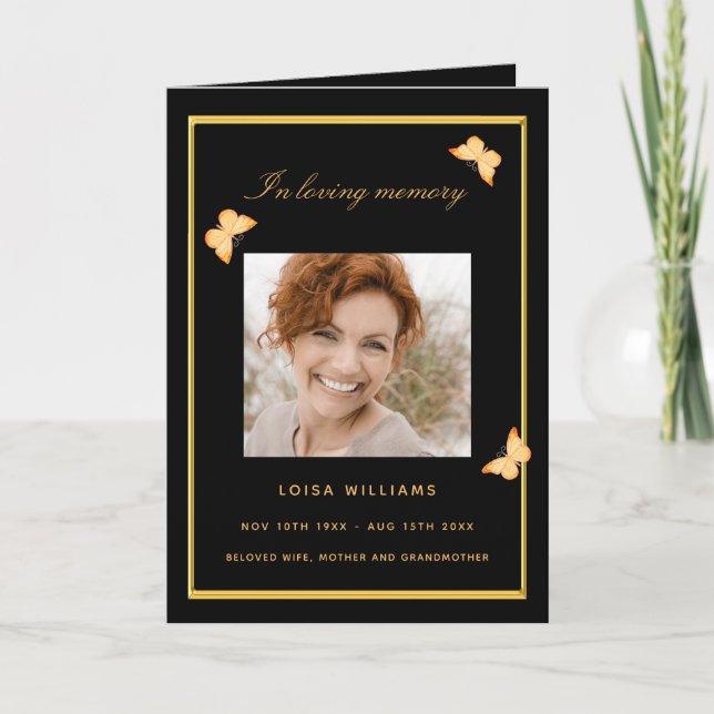Schwarzgold Schmetterlinge Foto Beerdigung Program Dankeskarte (Vorderseite)