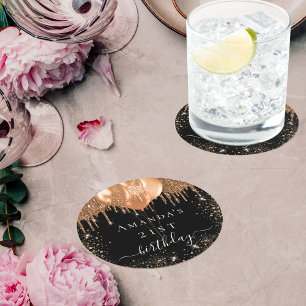 Schwarzgoldballons der Geburtstagspartei - Name de Runder Pappuntersetzer