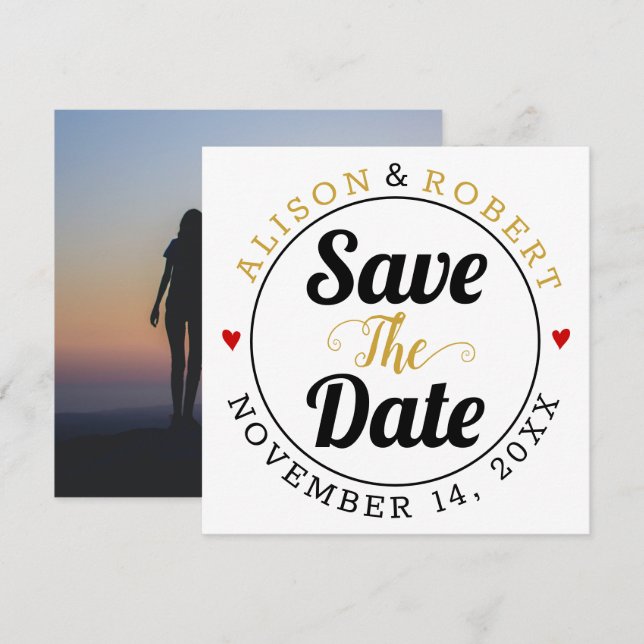 Schwarzgoldtypografie Rote Herzen Foto auf der Rüc Save The Date (Vorne/Hinten)