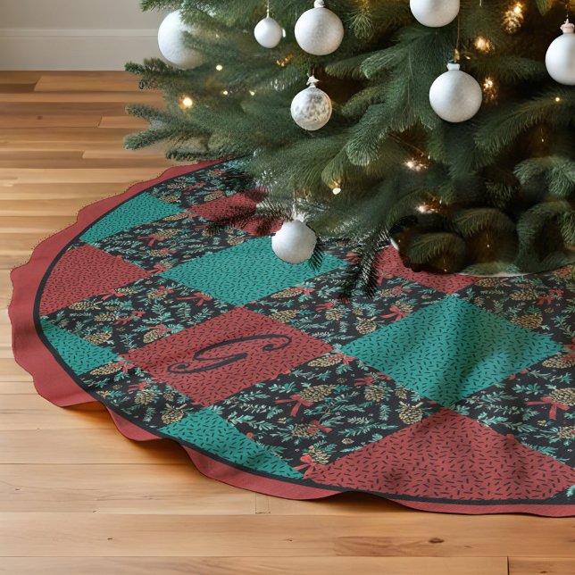 Schwarzkarpfenkronenband für die Holiday Monogram Leinenimitat Weihnachtsbaumdecke (Festive monogrammed checkered tree skirt in black red & green with pinecones ribbons and sprinkles)
