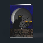 Schwarzkatze Chanukah Feiertagskarte<br><div class="desc">Eine Silhouette von Théophile Steinlens Black Cat für den Le Chat Noir Club in einem modernen Ambiente für Chanukah mit einer schwarzen Katze mit einer hellen Menorah und einem schwindenden Mond.</div>