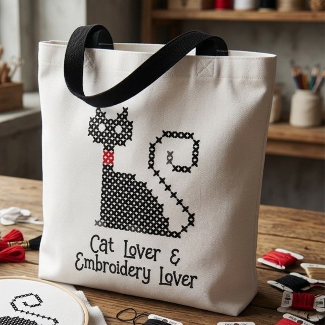 Schwarzkatzenliebhaber (Cat Lover & Embroidery Lover tote bag)