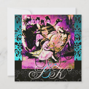 SCHWARZPINK LILA BICYCLE WEDD DAMASK MONOGRAM EINLADUNG