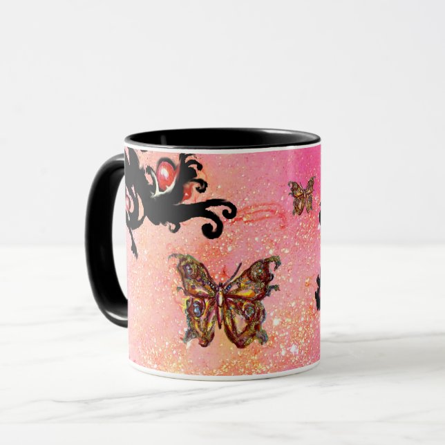 SCHWARZPINKEN-GLITZERN, SCHWARZES BLUMENMONOGRAMM TASSE (Vorderseite Links)