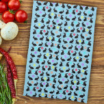 Schwarzsitzende Kaninchen-Blume der Gruppe auf bla Geschirrtuch<br><div class="desc">Dieses Küchenhandtuch ist hellblau mit einer Gruppe sitzender Frühlingskaninchen,  die farbenfrohe Blume um ihren Hals tragen,  mit einem Sprinkling verschiedener farbiger Blume-Blätter.</div>