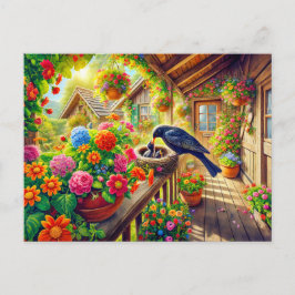 Schwarzvogel Füttre Zecken in Nest Postkarte