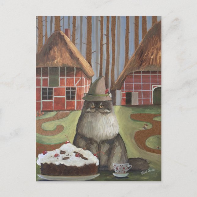 Schwarzwaldkatze mit Kuchen Postkarte (Vorderseite)