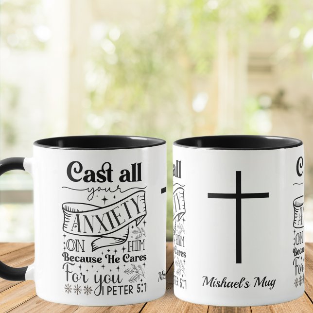 Schwarzweiß, 1 Peter 5:7, Christlich Tasse (Von Creator hochgeladen)