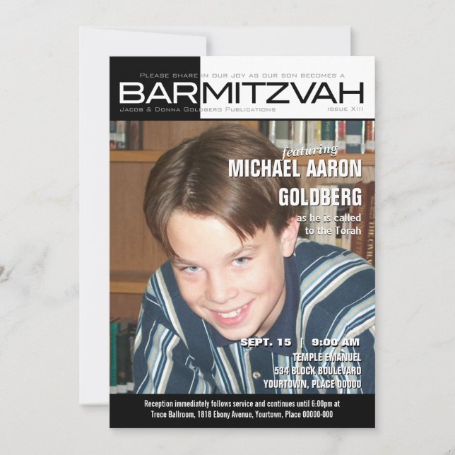 Schwarzweiss-Block-Bar Mitzvah Zeitschrift Einladung (Vorderseite)