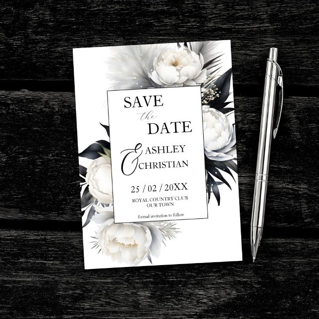 Schwarzweiß-Blume-Fotovorlage Save The Date (Black and white peony flowers pampas grass photo editable template save the date card digital downlo)