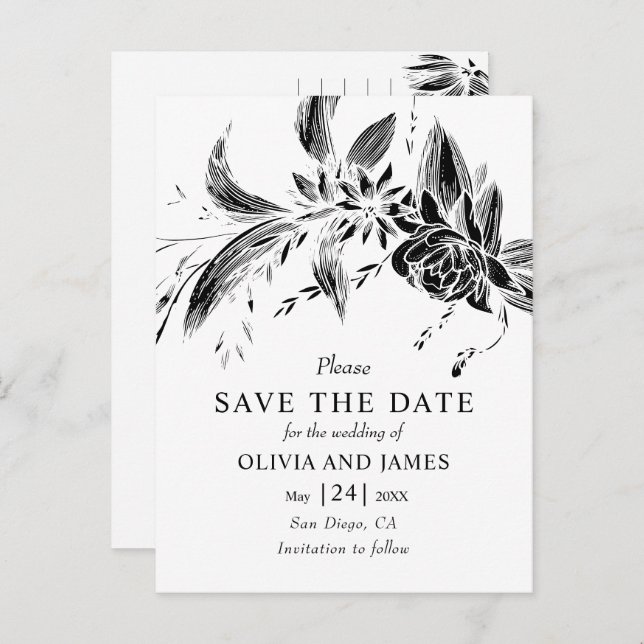 Schwarzweiß-Blume Save the Date blühend Postkarte (Vorne/Hinten)