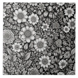Schwarzweiß-Blume und Blätter Fliese