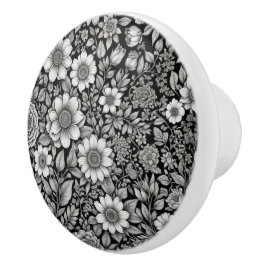 Schwarzweiß-Blume und Blätter Keramikknauf