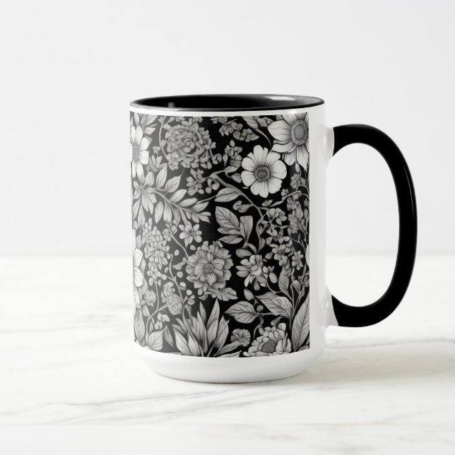 Schwarzweiß-Blume und Blätter Tasse (Rechts)
