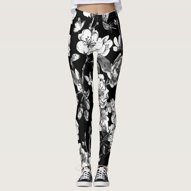 Schwarzweiss-Blumen Leggings (Vorderseite)