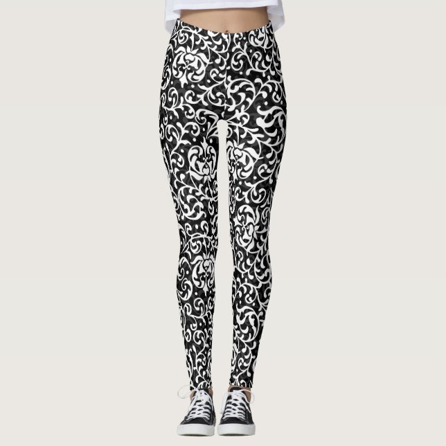 Schwarzweiss-Blumendamast-Muster Leggings (Vorderseite)