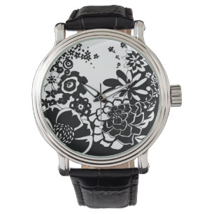 Schwarzweiss-Blumengarten-Grafik-Muster Armbanduhr