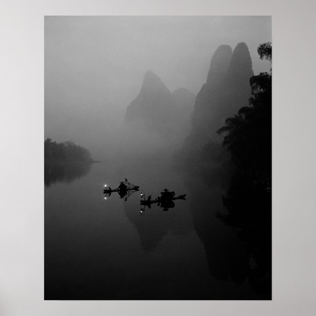 Schwarzweiß, China, Li River, Fisherman on Poster (Vorne)