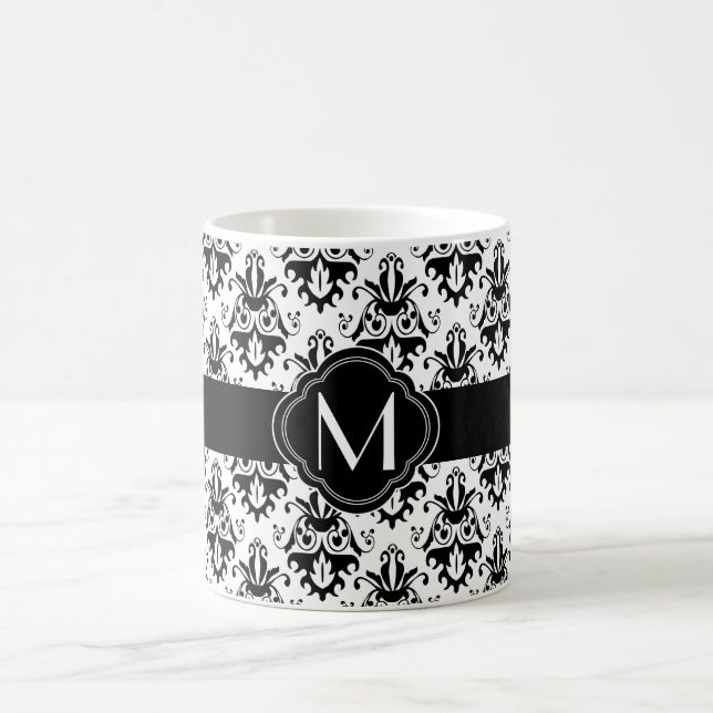 Schwarzweiss-Damast-Muster mit Monogramm Kaffeetasse (Mittel)