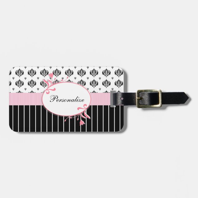 Schwarzweiss-Damast-schickes rosa Blumen mit Namen Gepäckanhänger (Vorderseite horizontal)
