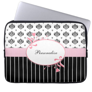 Schwarzweiss-Damast-schickes rosa Blumen mit Namen Laptopschutzhülle