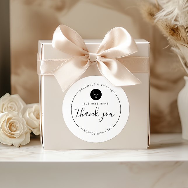 Schwarzweiß Danke, Handmade mit Liebe Runder Aufkleber (Black and White Thank You Handmade with Love Classic Round Sticker)