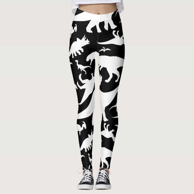 Schwarzweiss-Dinosaurier-Muster Leggings (Vorderseite)