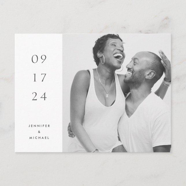 Schwarzweiß-Einfache Save the Date Postkarte 3 (Vorderseite)