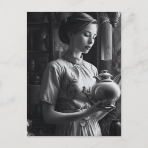 Schwarzweiß-Film-Noir-Frau-Küchen-Tee Postkarte