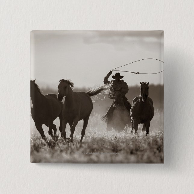 Schwarzweiss-Foto von ein Cowboy Lassoing Pferden Button (Vorderseite)