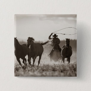 Schwarzweiss-Foto von ein Cowboy Lassoing Pferden Button