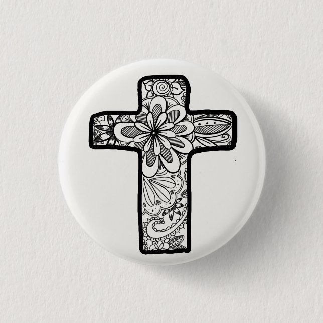 Schwarzweiss-Gekritzel-Kreuz-Knopf Button (Vorderseite)