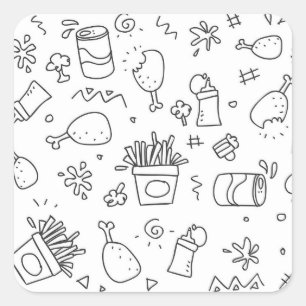 Schwarzweiss-Gekritzel-Schnellimbiss-Muster Quadratischer Aufkleber