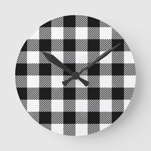Schwarzweiss-Gingham-Muster-Kunst-Entwurf im Runde Wanduhr (Vorderseite)
