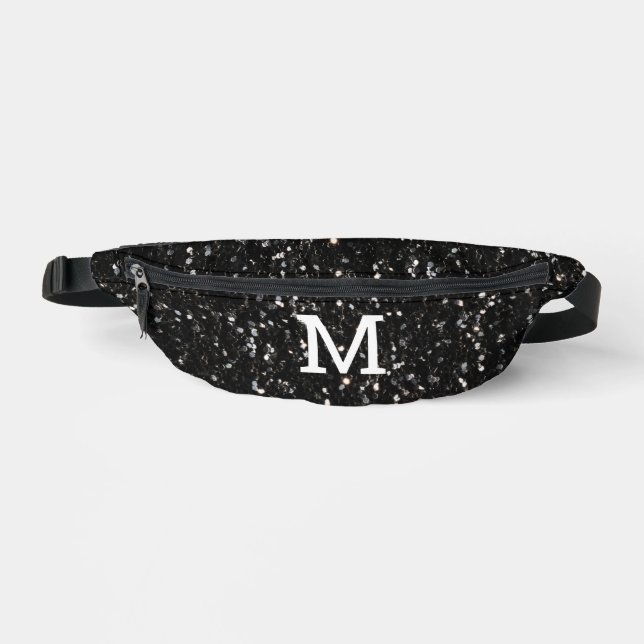 Schwarzweiß glänzende Glitzer Glitzern Monogram Bauchtasche (Vorderseite)