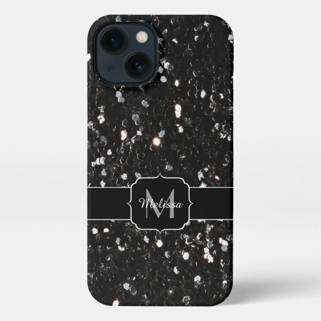 Schwarzweiß glänzende Glitzer Glitzern Monogram iPhone Hülle (Rückseite)